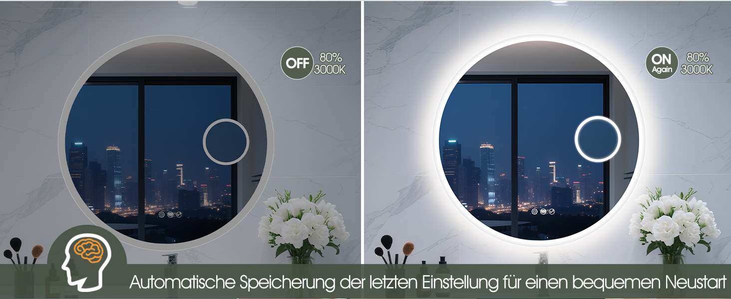 Дзеркало для ванної кімнати S'bagno Runder з підсвічуванням 60 см, з функцією запобігання запотіванню, 3 колірні температури, регулювання яскравості, HD скло, функція пам'яті, IP44, Bluetooth, 5-кратна лупа