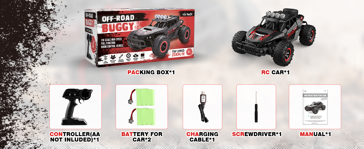 Радіокерований позашляховик 1:16 для хлопчиків, 2 акумулятори, 70 хв, 25 км/год, 2.4GHz, RC баггі, гоночний автомобіль, крос-кантрі, іграшка