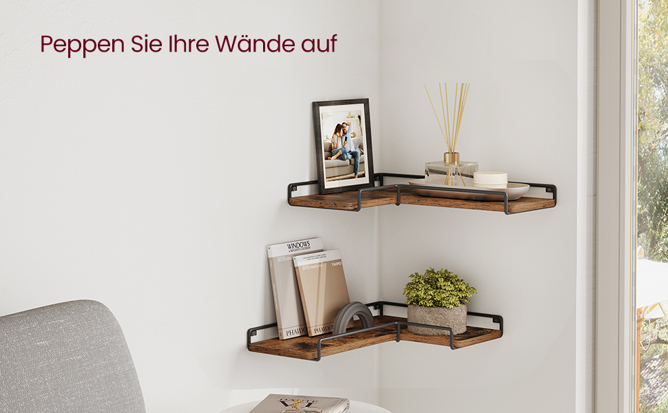 Набір кутових настінних полиць VASAGLE у стилі лофт, L-подібні полиці для вітальні, спальні та кухні, вінтажний коричневий та чорний, 2 шт. (LLS831B01)