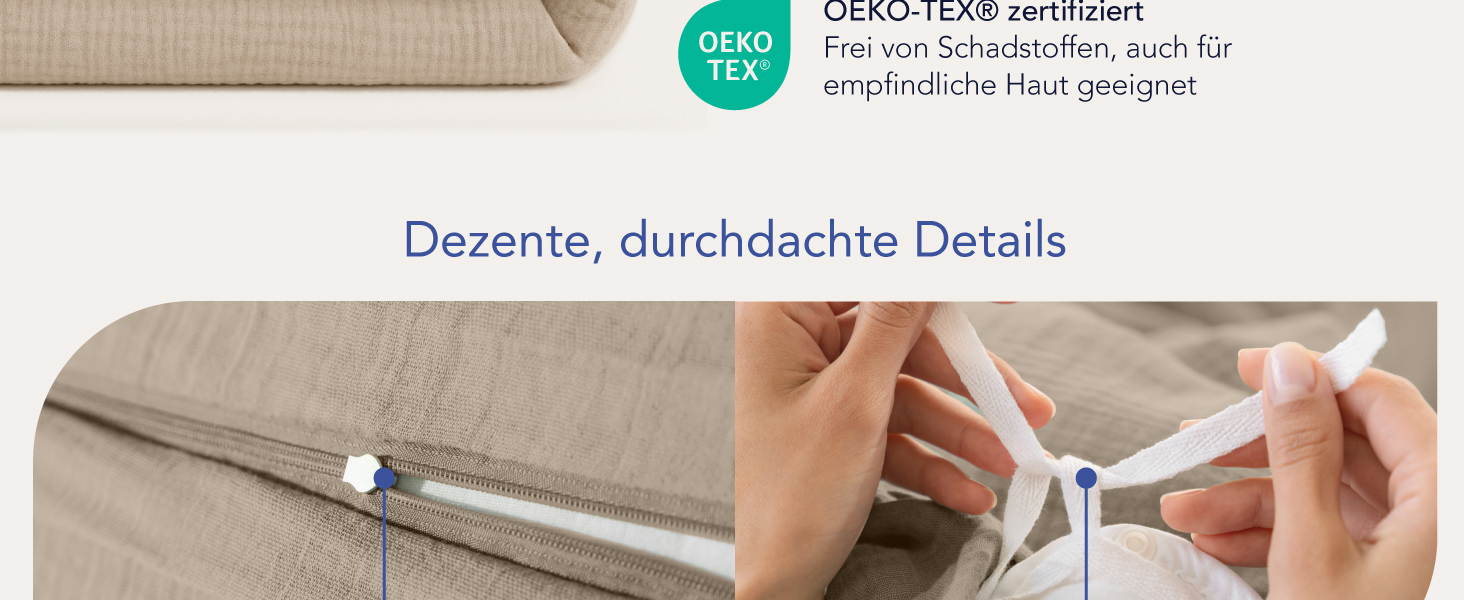 Набір постільної білизни Dreamzie з мусліну 135x200 см, 100% бавовна (4 шт.) – 2 наволочки 80x80 см, 2 наволочки 80x80 см, закривається на блискавку, сертифікат Oeko-Tex, колір: тауп