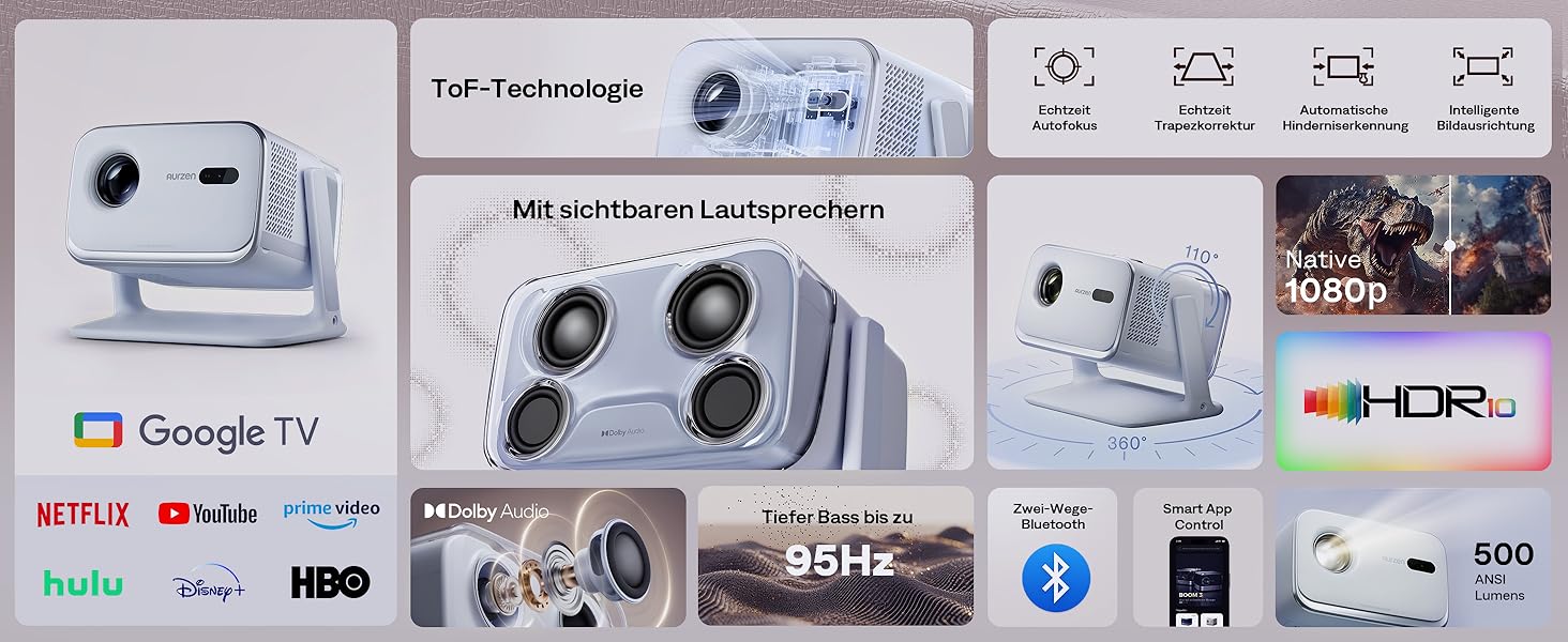 Aurzen Boom Mini 4-в-1 Smart Beamer з Google TV, 4K, проєктор для дому та на вулицю, 20W Dolby Audio, 500 ANSI, автофокус ToF, корекція трапеції, Wi-Fi/Bluetooth, сумісність з телефоном (блакитний)