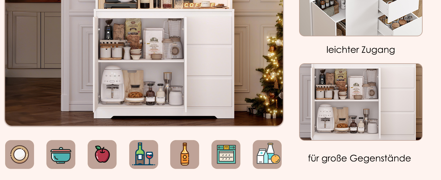 Кухонна шафа FirFurd з LED-підсвічуванням, буфет, комод з робочою поверхнею, 3 висувні ящики, регульована полиця, 180x100x38.5 см (білий)