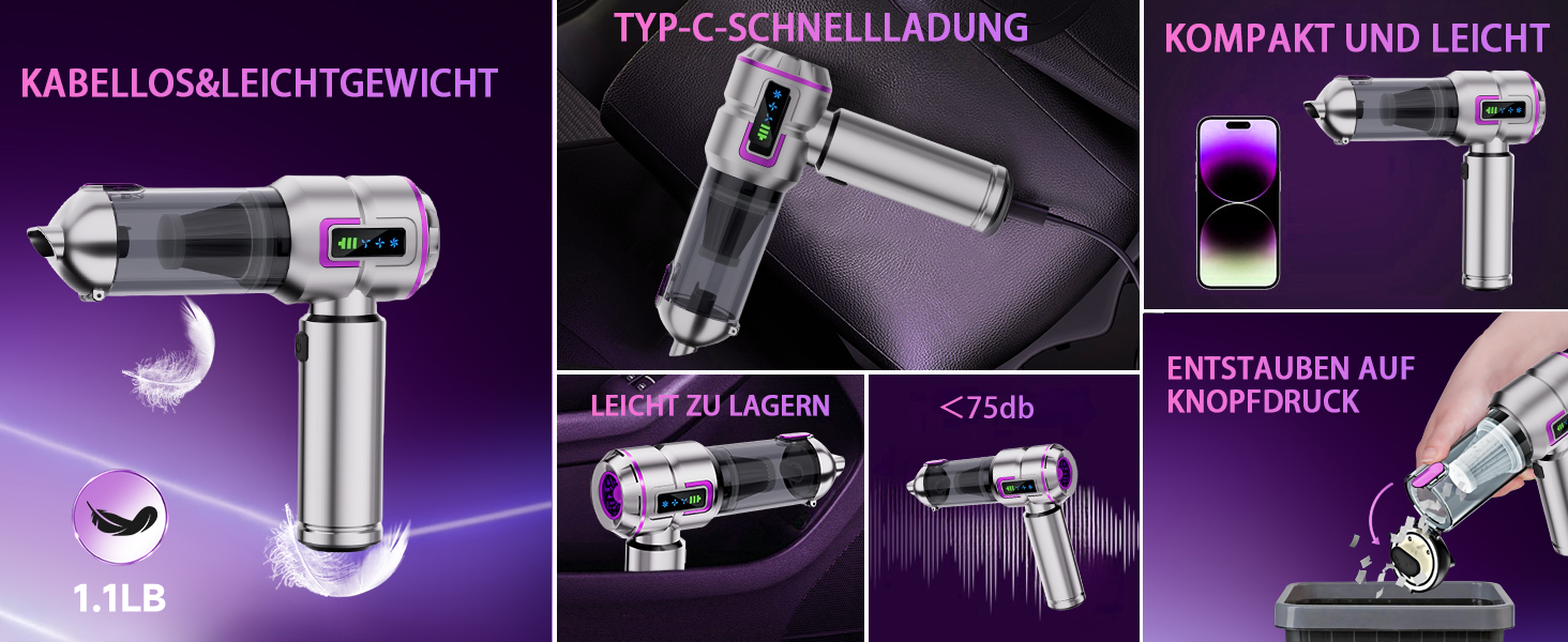 Акумуляторний ручний автомобільний пилосос бездротовий 27000Па, потужний міні-пилосос та електричний обдувач для авто, дому, кухні та ПК