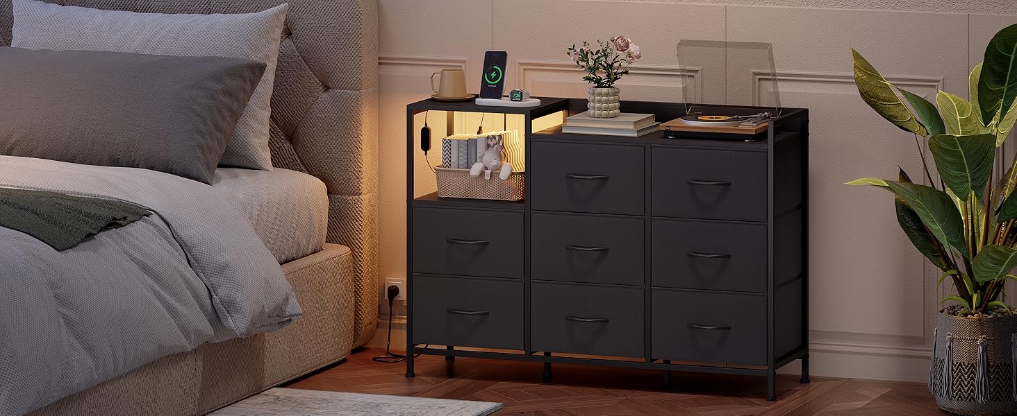 Комод Somdot з висувними ящиками для спальні, вітальні, передпокою з LED-підсвічуванням та розетками (2 AC, 1 USB, 1 Type-C), 5 тканинних ящиків, білий, 29T x 66,5B x 70,5H cm (Чорний, 29T x 99B x 70.5H cm (8 ящиків))