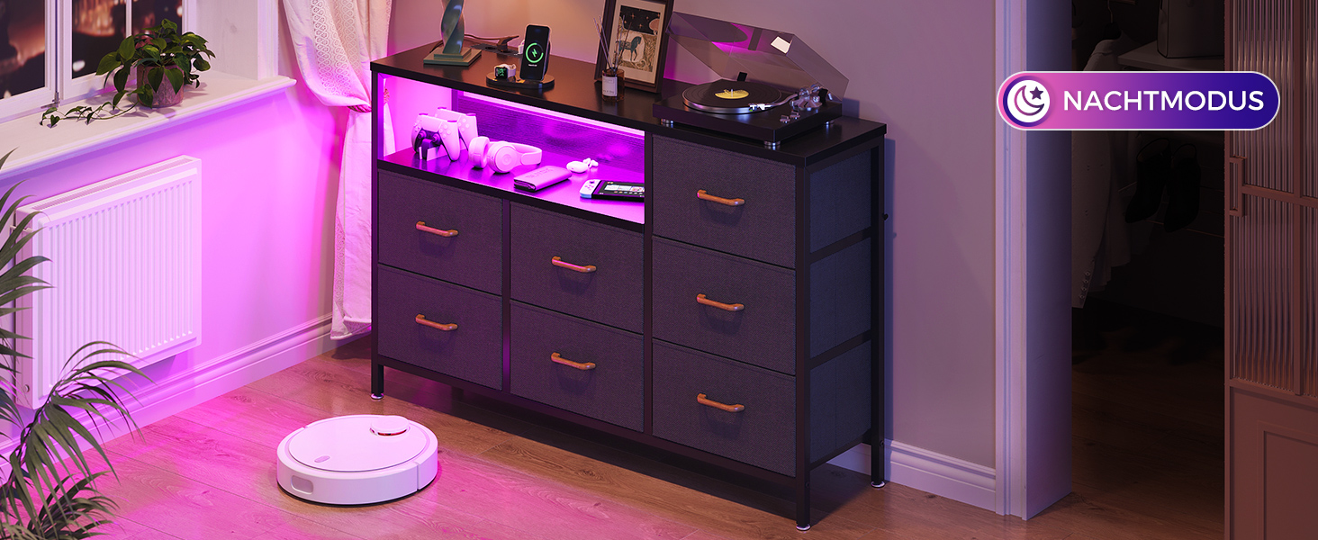 Комод Coleshome з висувними ящиками, світлодіодною підсвіткою, 2 USB та 2 розетки AC, 7 тканинних ящики, для спальні/вітальні, 132*30*89 см, чорний