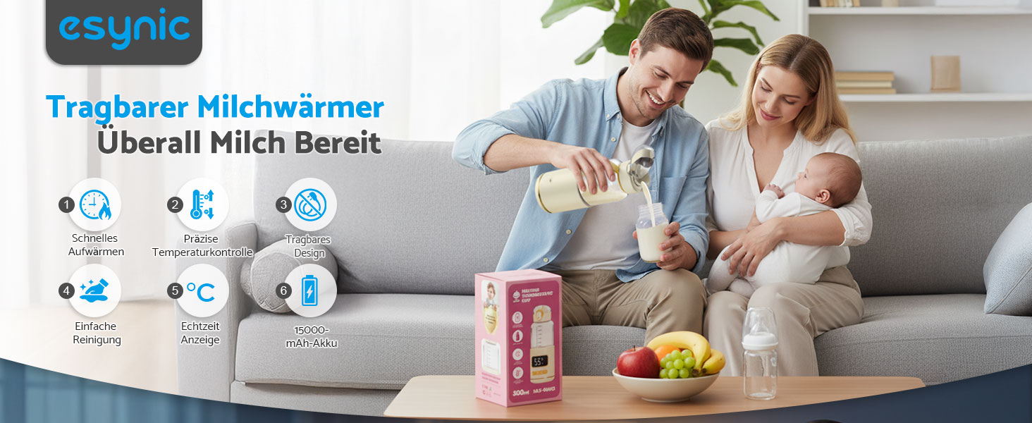 eSynic Підігрівач для пляшечок 450мл з акумулятором 15000mAh, портативний, швидкий нагрів (2-3 хв), для дитячого харчування та води, USB-C, BPA-free, з боросилікатного скла, для подорожей та нічного годування