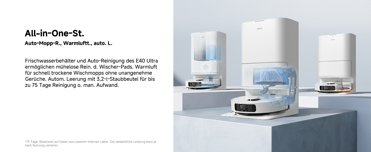 Робот-пилосос Mova E40 Ultra з функцією миття, автоматичним очищенням, потужністю 19000 Па, MaxiReach-мопом, бічними щітками, вбудованим резервуаром 80 мл та базою для 75 днів прибирання