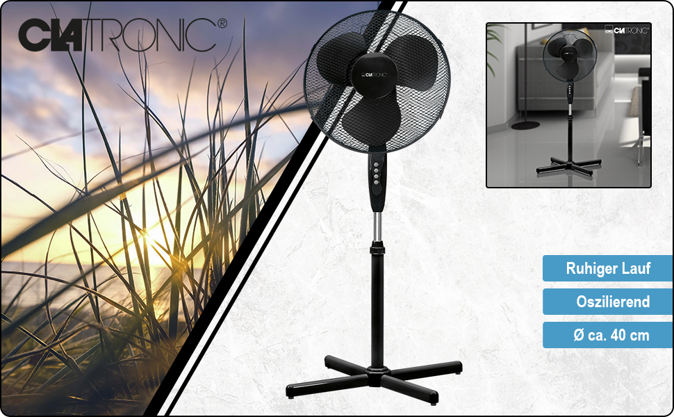 Вентилятор Clatronic VL 3603 S поворотний, 40 см, 3 швидкості, чорний | Підлоговий вентилятор з регулюванням висоти та кута нахилу
