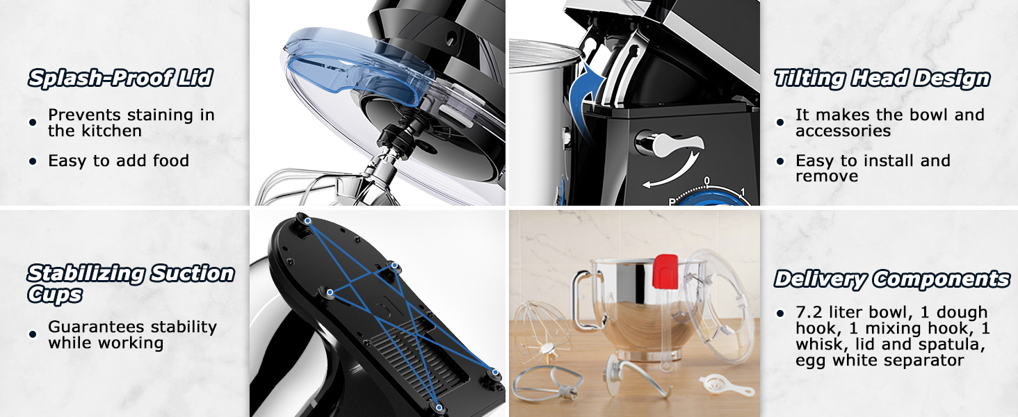 Кухонна машина Cheflee 2000W: потужна планетарна міксер для тіста та збивання, 6 швидкостей, 7.2 л чаша з нержавіючої сталі, гак та вінчик, захист від бризок, чорний