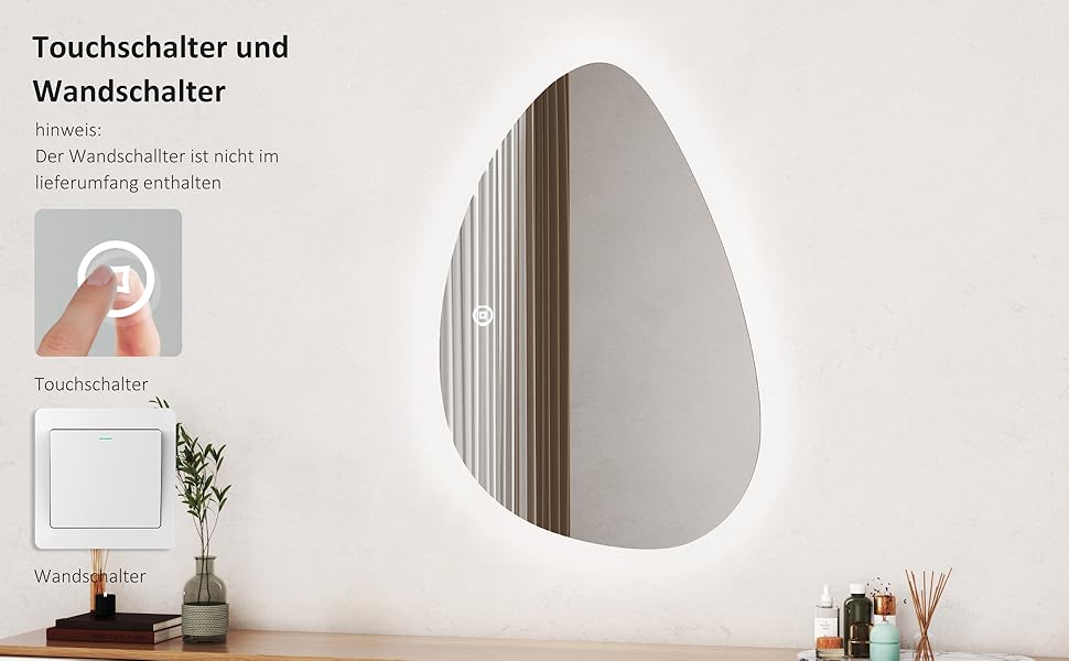 Асиметричне дзеркало для ванної кімнати Boromal з підсвічуванням 80x80 см, LED, сенсорний вимикач, 3 кольори, регулювання яскравості