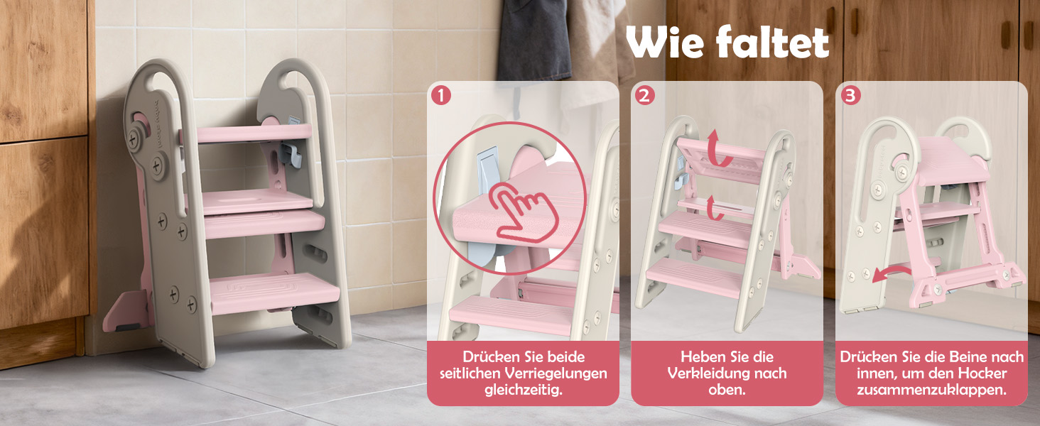 Дитячий підсходильник Onasti Tritthocker, регульована висота, 3 сходинки, з ручками, складний, анти-ковзний, для кухні, ванної кімнати, умивальника та туалету (Сірий) Сіро-білий (Рожевий)