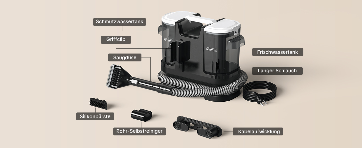 Низькошумовий волого-пилосос 450W для чищення килимів, меблів та авто. Потужність всмоктування 13500Pa, великий бак та довгий кабель. Ідеально для килимів, диванів, меблів, сходин, авто та передпосів. Білий (чорно-білий)