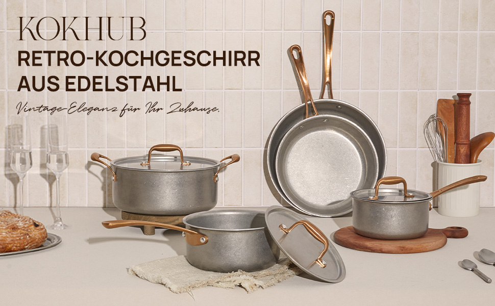 Набір каструль KOKHUB 8 шт. з нержавіючої сталі для індукційних плит, вінтажний набір каструль та сковорідок без покриття, PFOA/PFAS/PTFE-free, набір каструль з кришками для всіх типів плит, безпечний для духовки та мийки