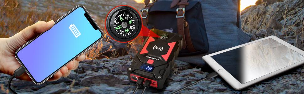 Бустер автозапуску FNNEMGE 9000A 26800mAh для бензинових та дизельних двигунів до 10.0л, пусковий пристрій Powerbank 12V з Quick Charge 3.0 та LED-ліхтарем