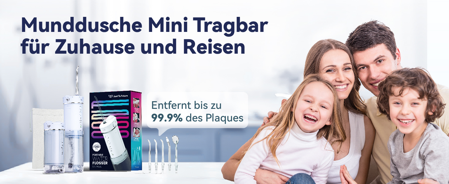 Портативний електричний іригатор для порожнини рота JTF Munddusche Mini, бездротовий, для подорожей, з 5 насадок, 4 режими, 230 мл, водонепроникний (IPX7, блакитний)