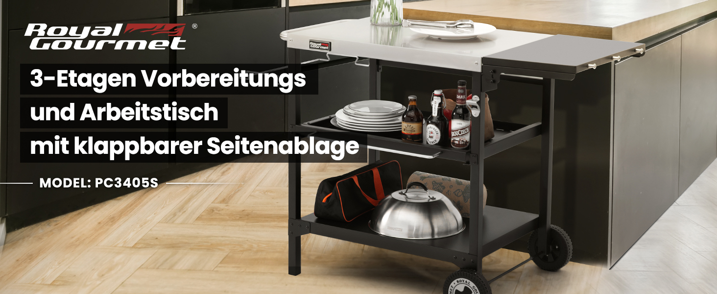 Набір для гриля Royal Gourmet: стіл-візок з 3 ярусами, стільниця з нержавіючої сталі 70x50 см та бічна полиця 30x50 см, для дачі та саду
