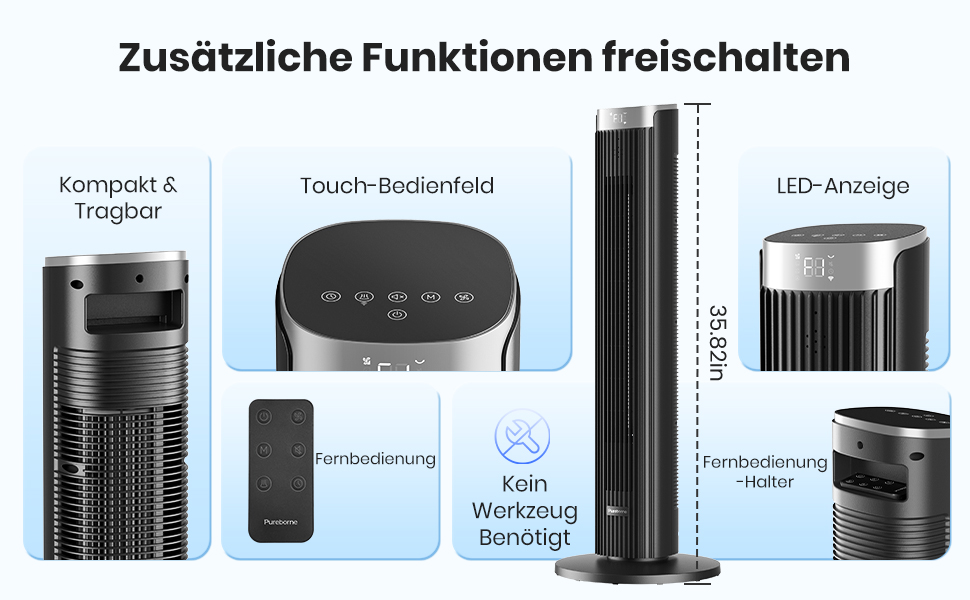 Турбовентилятор Leiser 91 см з осциляцією, пультом дистанційного керування та Wi-Fi, 4 швидкості, 4 режими, таймер 12 годин, чорний