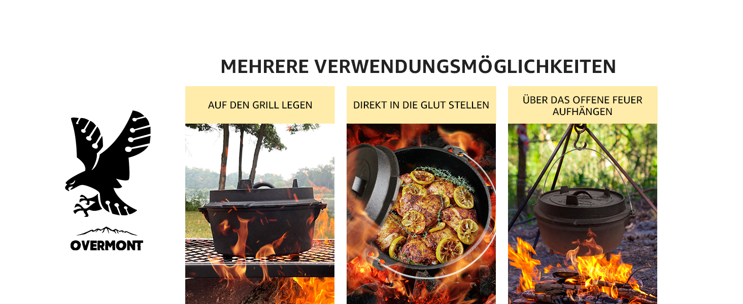 Чавунний казан OVERMONT Dutch Oven (розмір L) для багаття та кемпінгу, з двосторонньою кришкою, ніжками та піднімачем