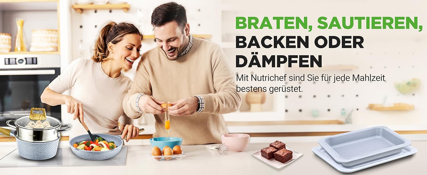 Набір посуду NutriChef 22 предмети антипригарний мармуровий блакитний – сковороди, каструлі, аксесуари для кухні, індукція