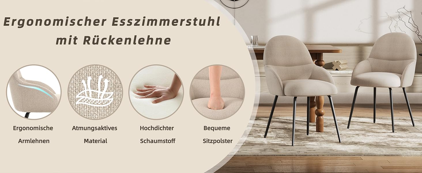 6 стільців для їдальні з підлокітниками – ергономічні оббиті стільці, сучасні кухонні стільці з льоновим покриттям та металевими ніжками, для вітальні, їдальні, кухні, бежевий колір, комплект 6 шт.