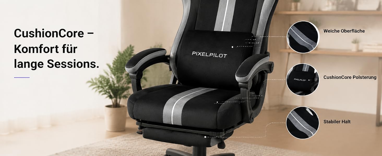 Ігрове крісло PixelPilot Ergonomic з підставкою для ніг, дихаюча тканина, підголівником та поперековою підтримкою, посилене до 150 кг, чорне