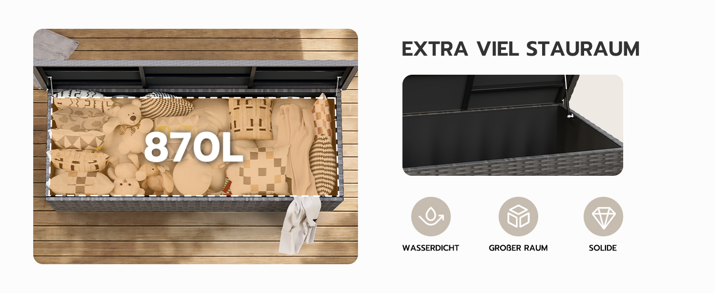 Водонепроникний садовий ящик Amopatio Gartenbox 650л з поліротангу для подушок, металевий ящик для зберігання з газліфтами для саду та балкону, сірий