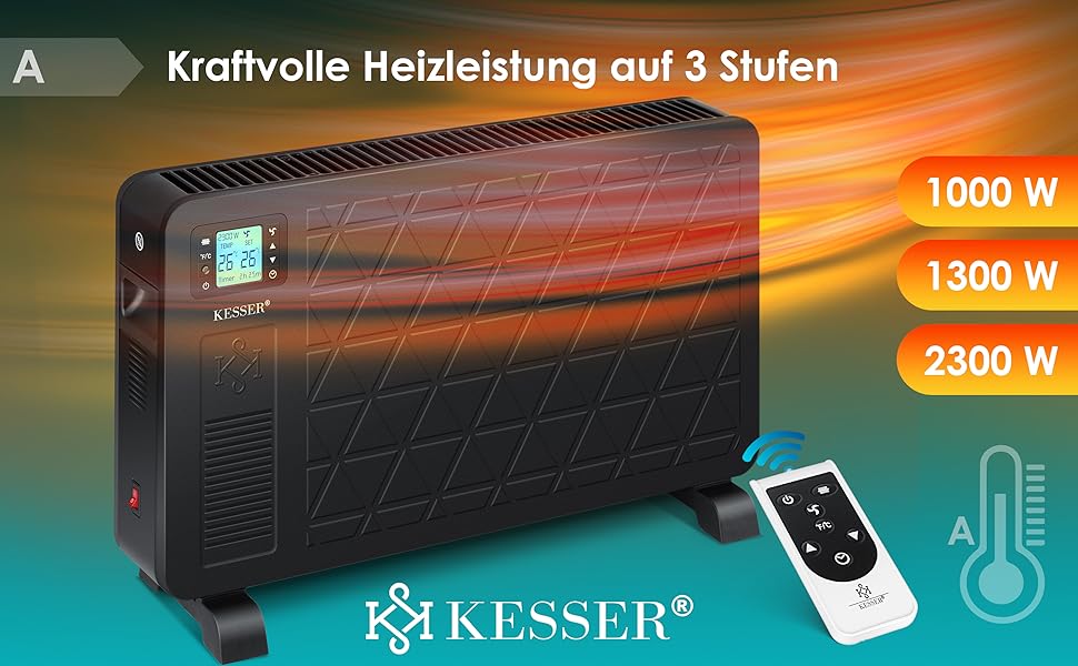 Конвектор KESSER Premium 3 потужних налаштування нагріву З пультом дистанційного керування вбудований термостат Електричний обігрівач РК-дисплей Таймер мобільного обігрівача Енергозбереження Захист від перегріву Чорний