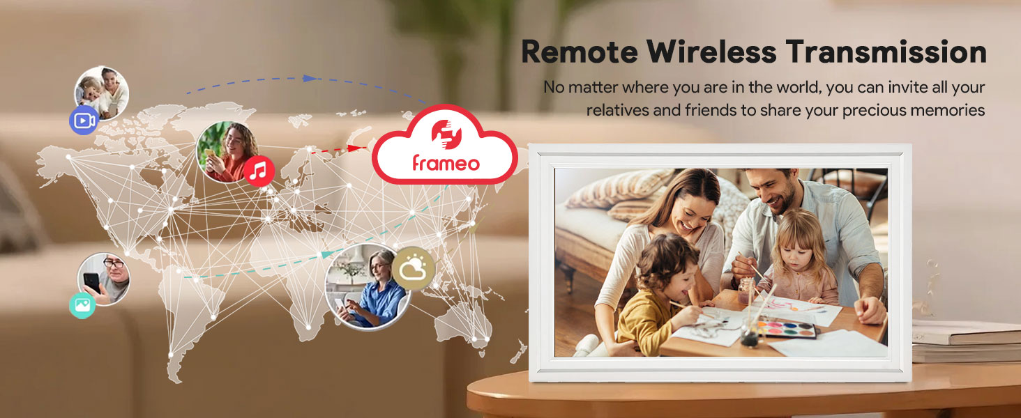 Цифрова фоторамка Frameo 15.6 дюймів з Wi-Fi, 32ГБ пам'яті, HD IPS сенсорний екран 1920x1080, автоматичний поворот та підтримка додатка Frameo