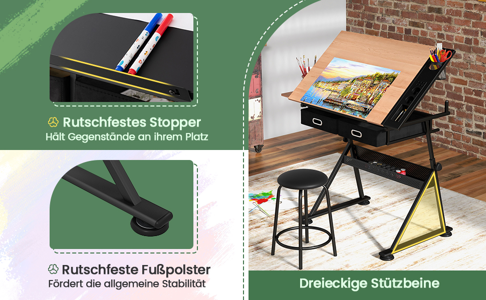 Регульований стіл FANTASK для архітекторів та художників з нахиленою стільницею, 2 ящиками та табуретом (Чорний)