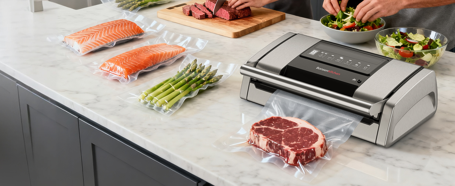 Вакууматор Bonsenkitchen VS5100 для Sous-Vide, 15 л/хв, з вбудованим різаком та кліпсою для пакетів, сріблястий