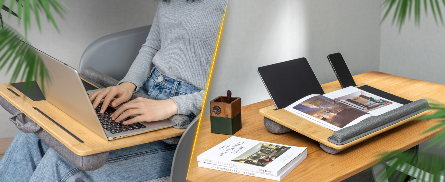 Підставка для ноутбука RICOO з подушкою XXL, бамбукова підставка для ноутбука з підкладкою для миші, Lapdesk для дивана/ліжка, LA0035 (Бежевий)