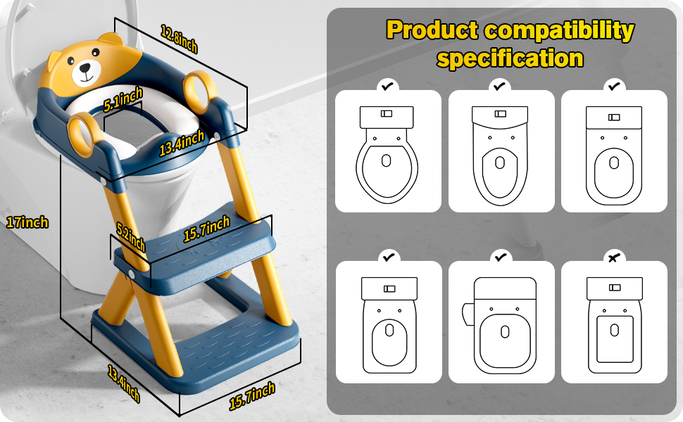 Дитячий унітаз-сходинка з сидінням 2-в-1 для хлопчиків та дівчаток, антиковзний, синьо-жовтий