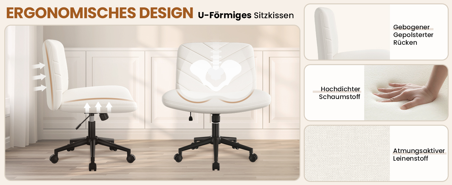 Крісло офісне Yaheetech з колесами, регульоване по висоті, з широким сидінням та середньою спинкою, для офісу та спальні, бежеве