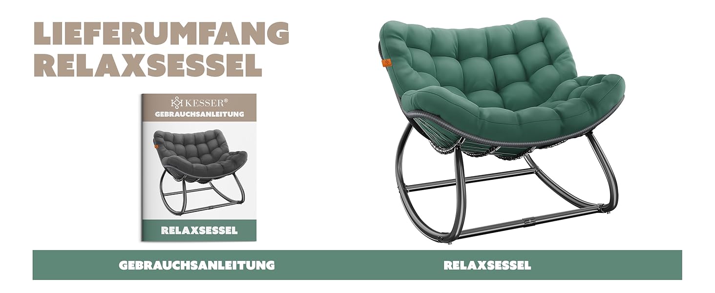 Крісло-гойдалка KESSER XXL для вулиці та дому, зелений, до 150 кг, з подушкою, ергономічне, для саду та балкону