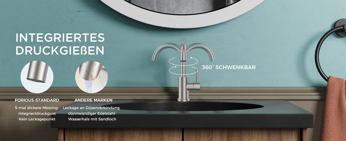 Змішувач для ванної кімнати/кухні FORIOUS Hoch 360° з нержавіючої сталі, з підйомом 175 мм, з підключенням до гарячої та холодної води, для мийки, для дому та кемпінгу