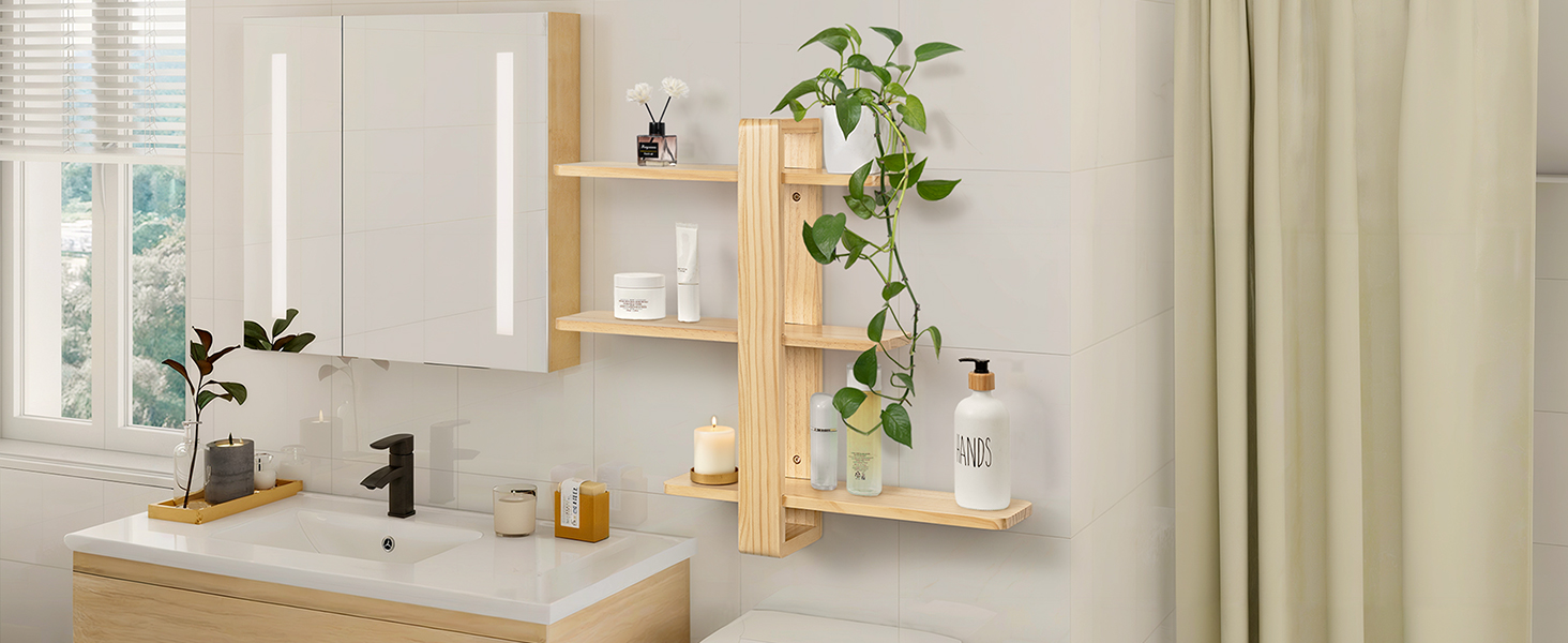 Полиця настінна SUMGAR з дерева, плаваюча, три яруси, 50x58 см (біла/дерево) для вітальні, спальні