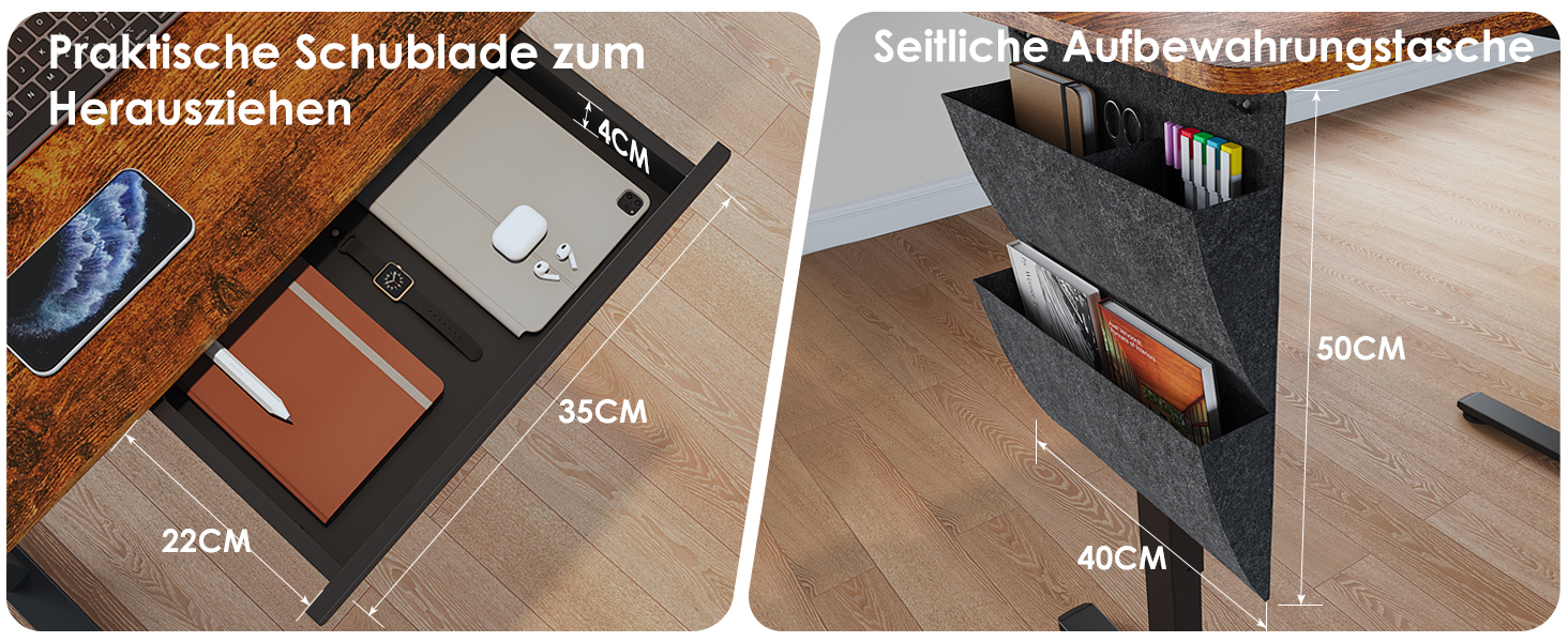 Електричний регульований стіл 120x60 см з пам'яттю висоти. Стіл для стоячи/сидячи, з висувними ящиками, коричневий, для дому/офісу/навчання.