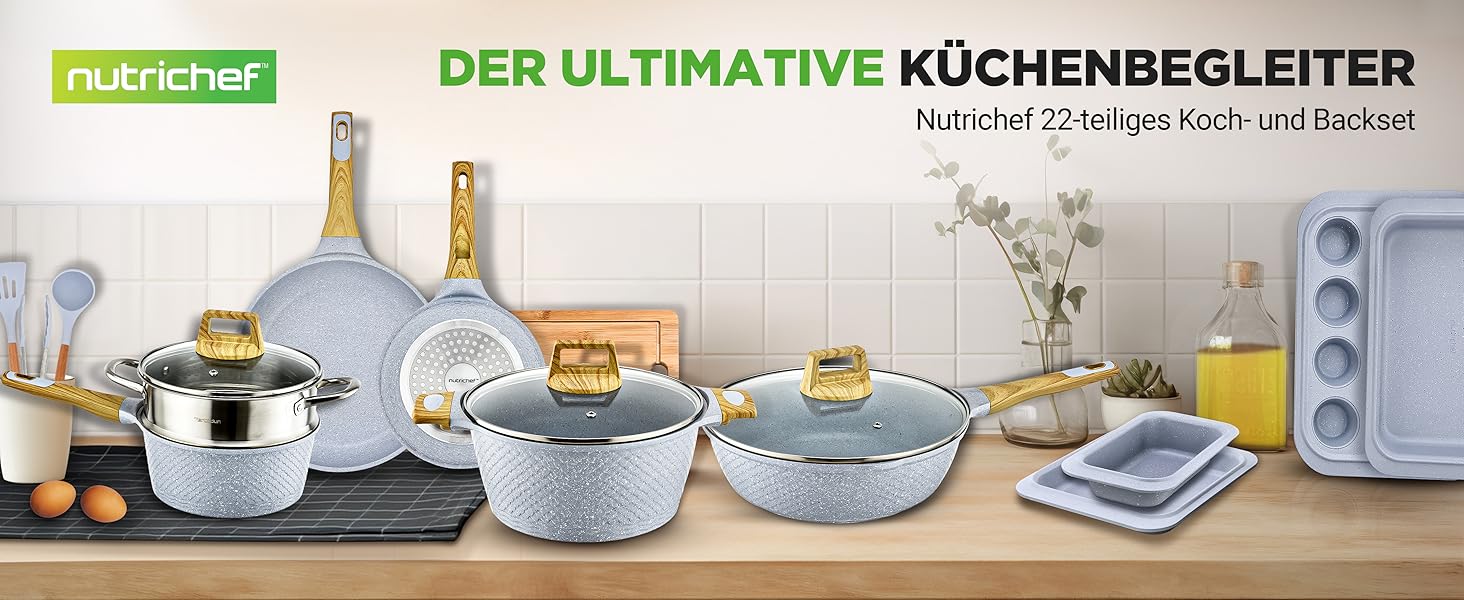 Набір посуду NutriChef 22 предмети антипригарний мармуровий блакитний – сковороди, каструлі, аксесуари для кухні, індукція