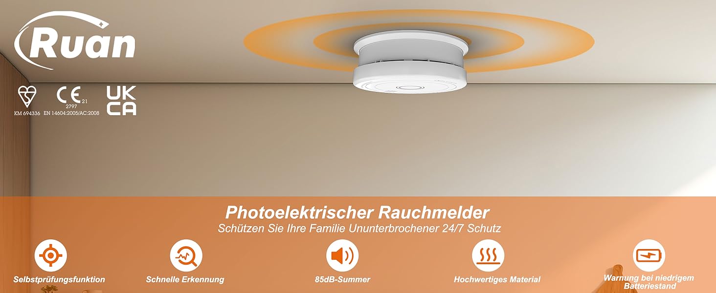 Датчик диму Rauchmelder з магнітною кріпленням, фотоелектричний, 10 років служби, змінна батарея, 4 шт. (4 шт.)