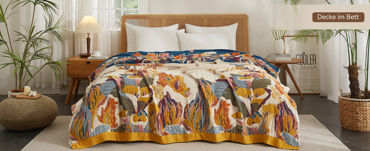 Богемна ковдра Boho Decke 100% бавовна – двостороння муслінова ковдра 150x200 см, м'яка ковдра для дивана та покривало для ліжка, естетичний дизайн, ідеально для вітальні та спальні, помаранчевий/зелений 150 x 200 см, Sommertanz