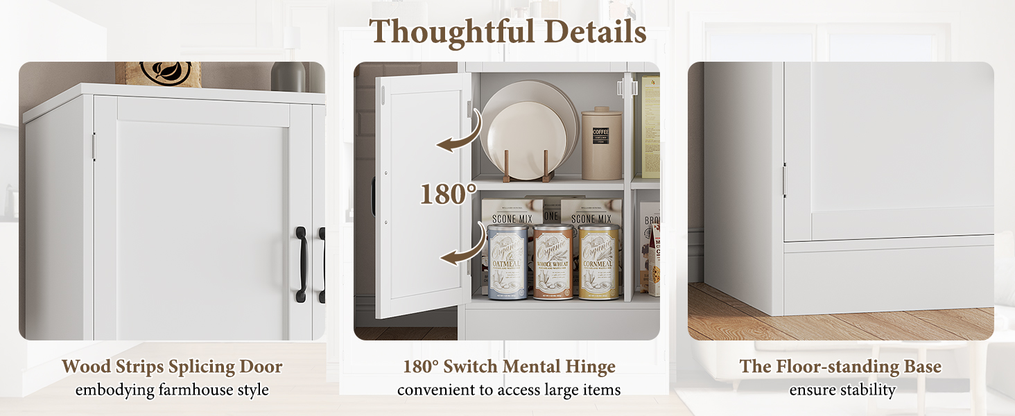 Кухонна шафа HOCSOK 180 см: буфет з робочою поверхнею, шафа для зберігання з 4 дверцятами та 2 ящиками, висока шафа-багатоцільова з регульованою полицею, білий