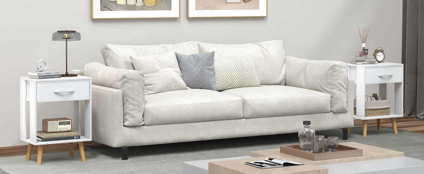 Набір з 2 приліжних тумбочок, 40x30x60.3 см. Тумбочки з шухлядою для спальні, дитячої кімнати. Білий колір.