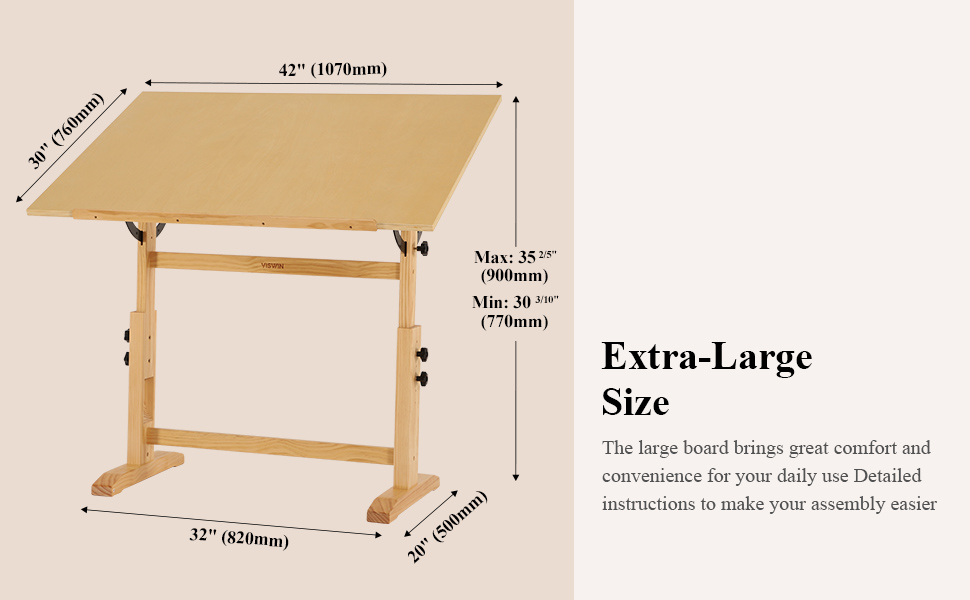Надзвичайно великий стол для малювання з регулюванням висоти та кута нахилу з деревини сосни, 76x107 см