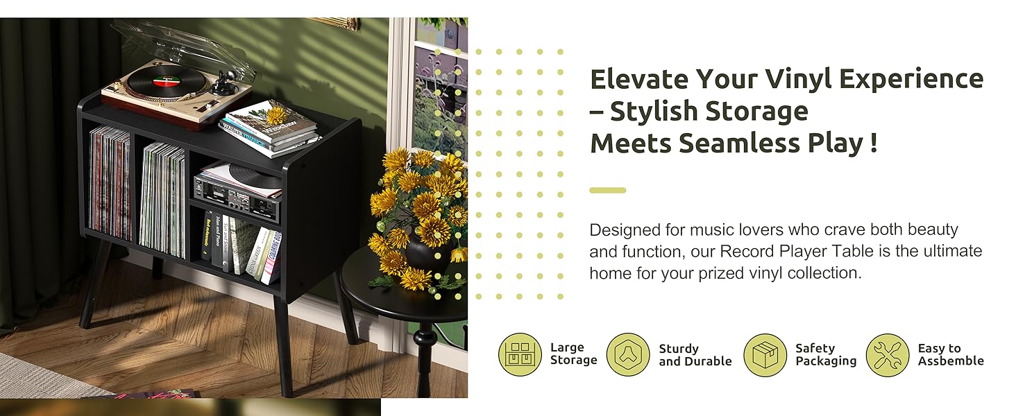 Стіл для програвача вінілу, стійка для програвача середини століття з місцем для зберігання до 150+ платівок, шафа для платівок з регульованими полицями, чорний