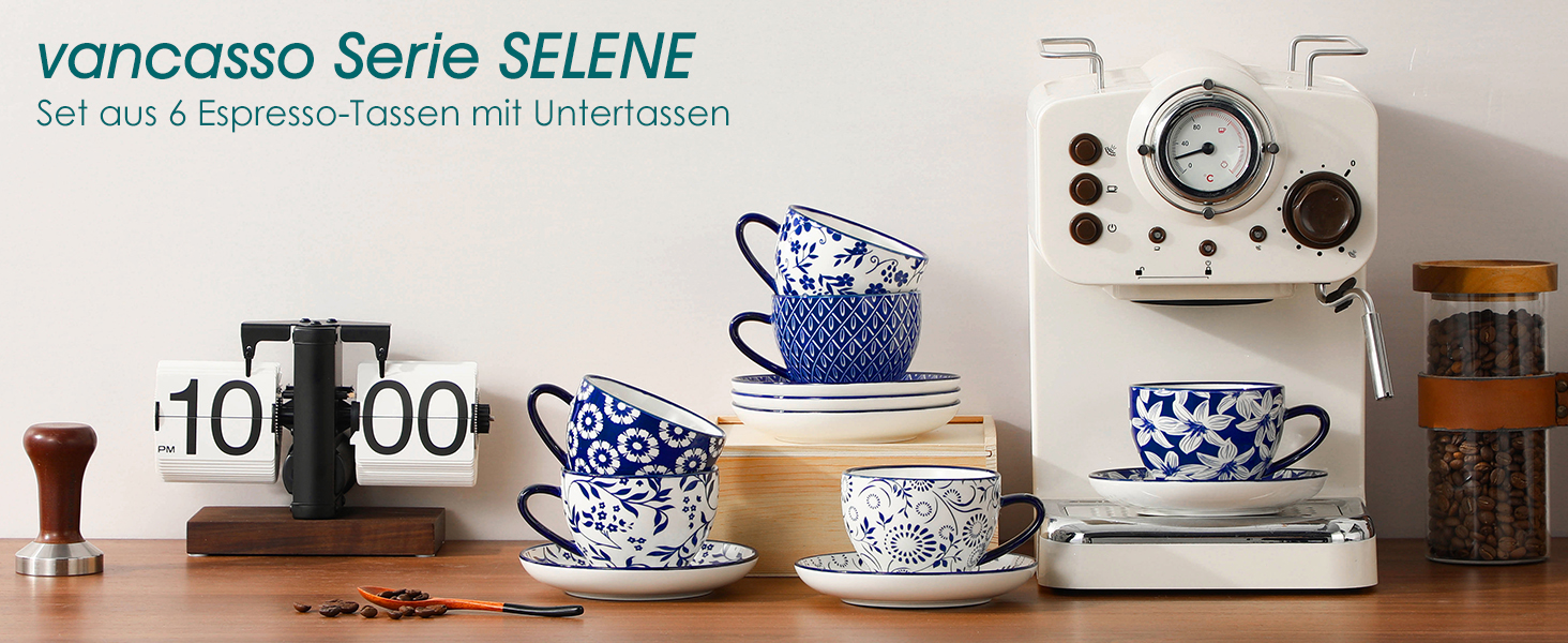 Набір кавових чашок Vancasso Selene, 6 шт., 360 мл, блакитно-білий вінтажний дизайн, для кави, молока, чаю та какао