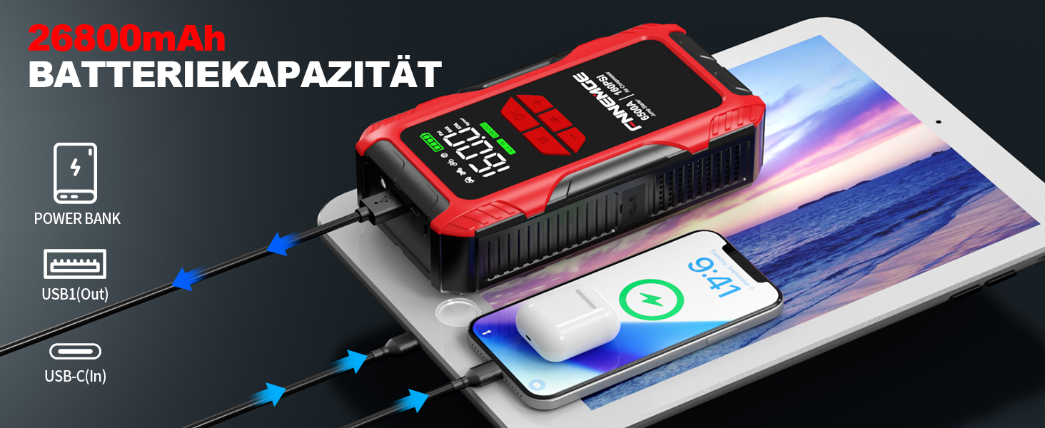 Пусковий пристрій (бустер) FNNEMGE 26800mAh 6500A з компресором 160PSI для авто (бензин та дизель до 10.0л), LCD-дисплей, LED-ліхтарик