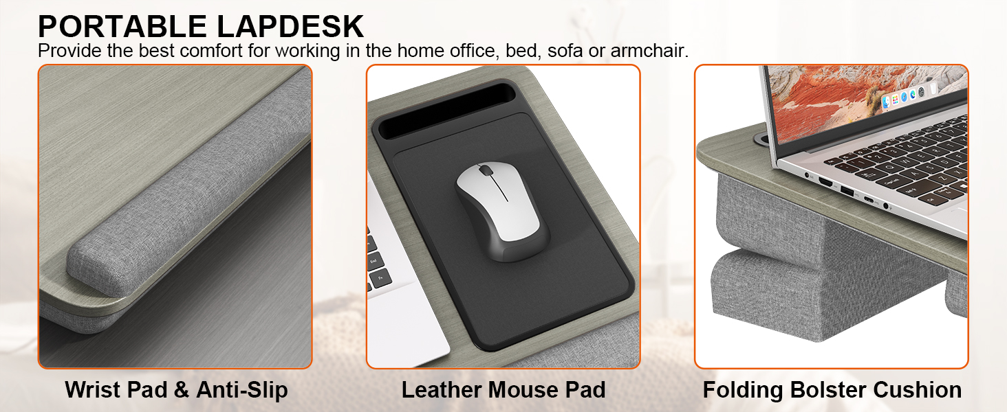 Підставка для ноутбука PUTORSEN для ліжка - регульована висота, з підставкою для миші та підтримкою для зап'ястя. Підходить для ноутбуків до 17,3 дюймів, Lapdesk з вирізом для планшета та телефону, сірого кольору