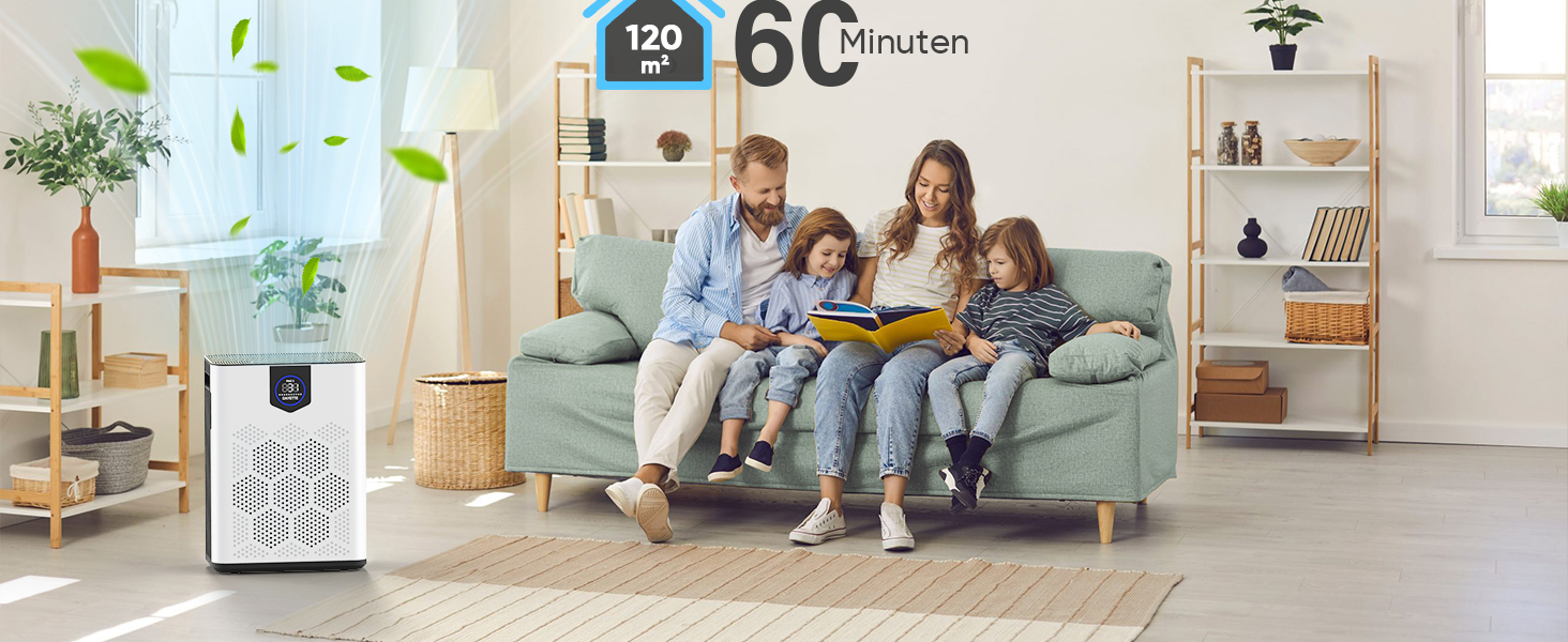 Повітряний фільтр для алергіків, квартири та кімнат для курців, з 2 HEPA фільтрами 14, проти шерсті тварин, плісняви, пилу, пилку та запахів, CADR 350 м³/год для 120 м², керування через додаток, таймер, тиха робота 22 дБ, 120 м², керування через додаток (Білий)