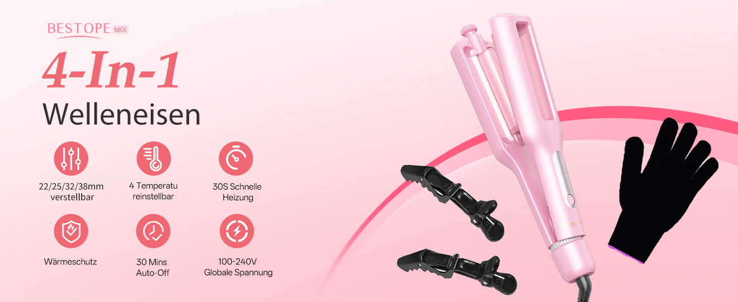 4-в-1 Випрямляч для волосся з насадками - локони 22/25/32/38 мм, для створення пляжних, природних та водохвиль, 4 температури (140-210°C), рожевий