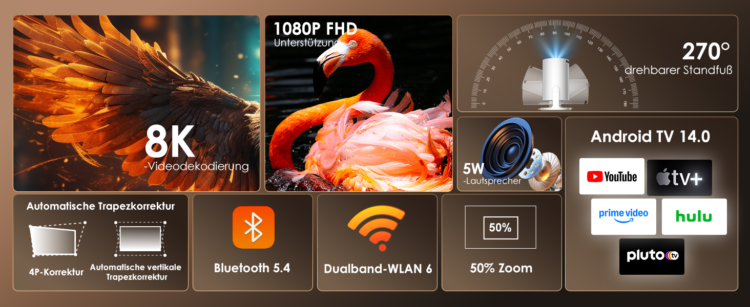 Смарт-проектор Salange Mini Beamer 2026, Android 14, 4K підтримка, WiFi 6, Bluetooth 5.4, автокоррекция трапеції, портативний домашній кінотеатр для дому та вулиці, поворот на 270°, білий
